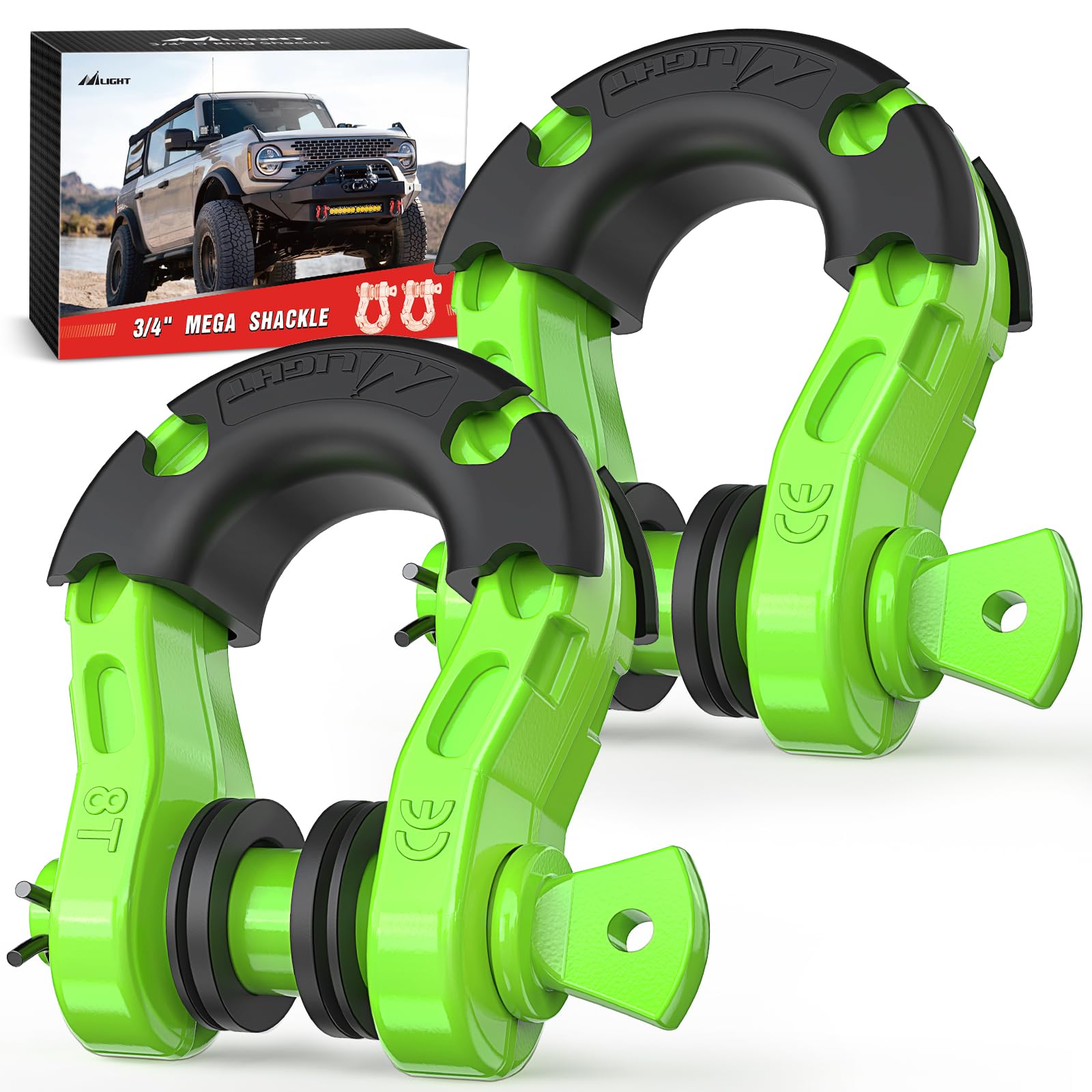 Nilight Heavy Duty Mega D-Ring Shackles(2 Pack) 68,000 lb Break Strength(17,000 lb WLL) w/ 7/8″ Screw Pin & Washers, Forged Steel Off-Road Recovery Shackles for Tow Strap & Winch Gear, Green Image