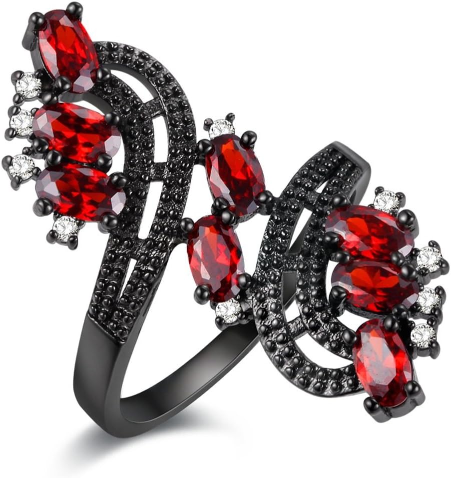 UloveidoWomen's Punk Black Wedding Rings Oval and Round Cut Red White Cubic Zirconia Rhinestones Open Tail Anniversary Jewelry J656