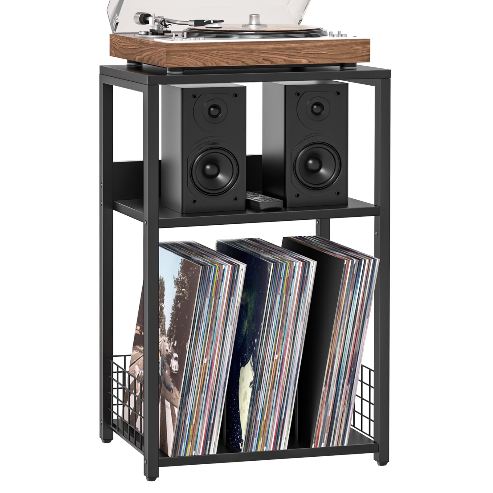 LELELINKY Large Black Record Player Stand, 3 Tier 18" Wide Big End Table with Vinyl Storage Up to 130 Albums, Industrial Turntable Printer Tables, Modern Side Tables for Living Room, Bedroom, Office Image