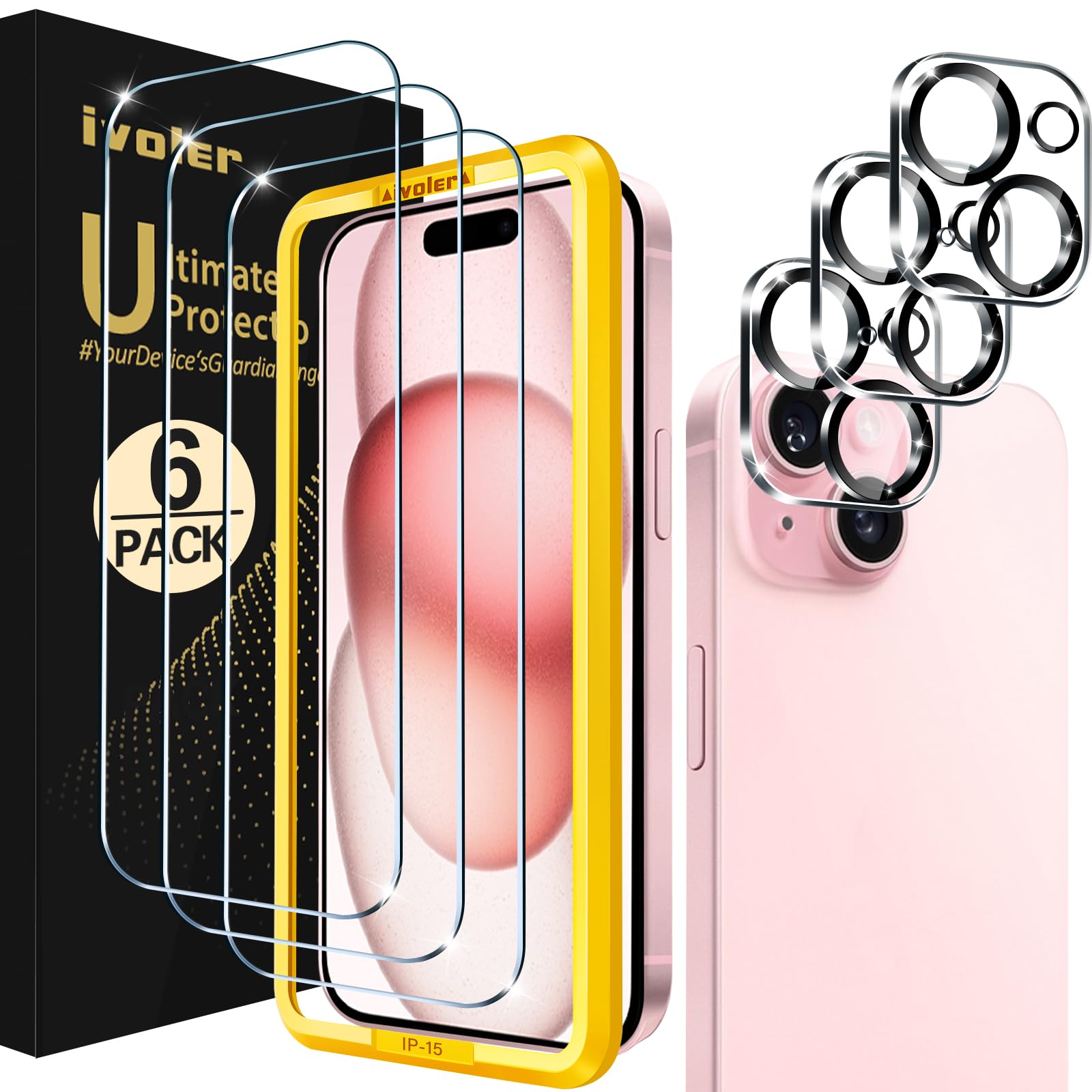 ivoler [Alignment Aid Screen Protector Compatible with iPhone 15 6.1 inches, 3 pack Tempered Glass Film and 3 pack Camera Lens Protectors with 1 Installation Alignment Aid, Bubble-Free, HD Clear โ image 1