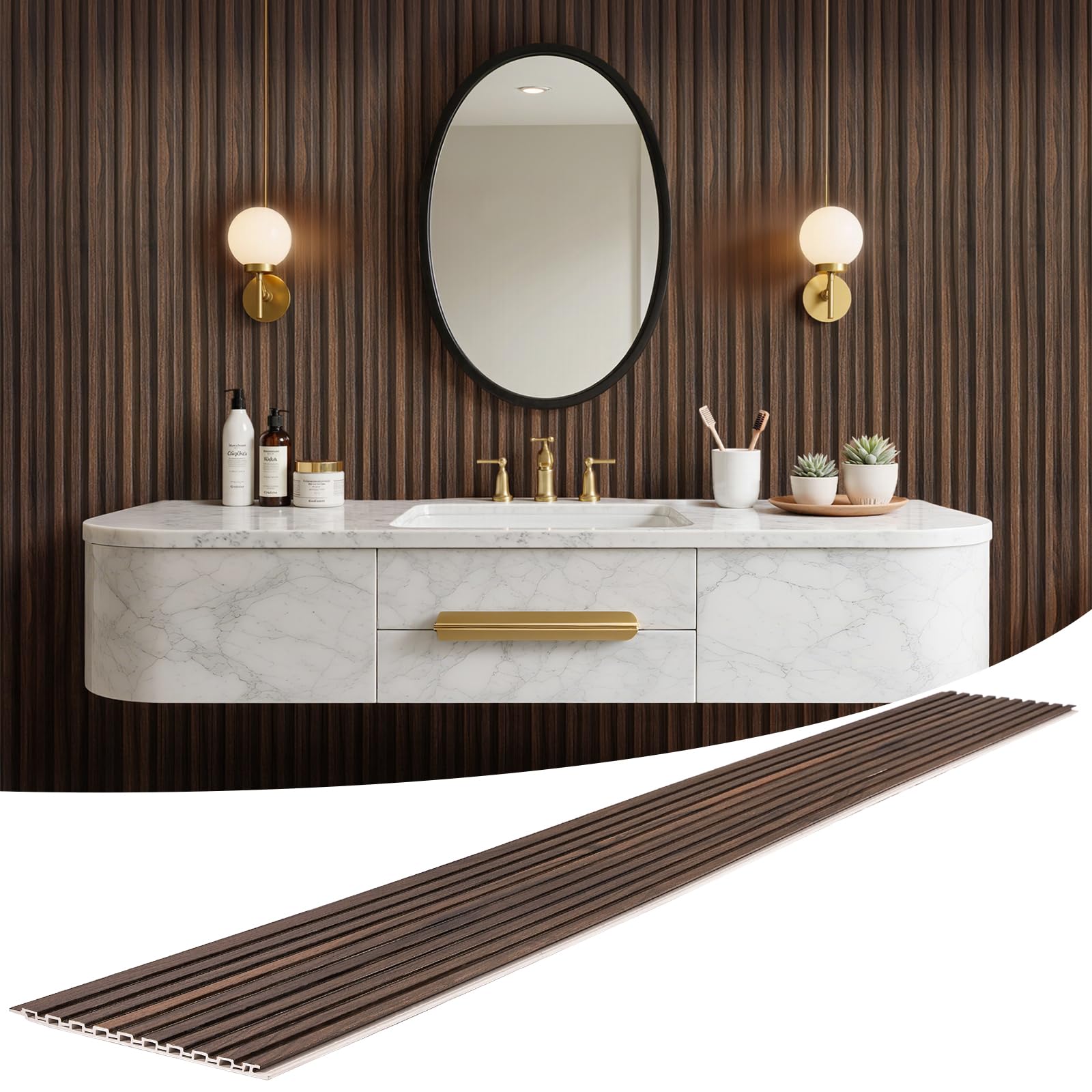 Photo 1 of LARWORKS WPC Slat Wall Panels 8 Pack 96" x 8.2", Waterproof Fluted Wall Paneling, Accent 3D Wall Panel for Wall Decor, Bathroom, Bedroom, Office - Widen Low Grille Walnut (Cover Approx.44 sq.ft)