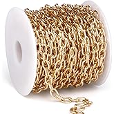 33 Feet Gold Rolo Cable Chains Roll, 5 MM Gold Plated Aluminium Oval Cable O Links Chain Bulk Spool for Jewelry Making DIY Craft