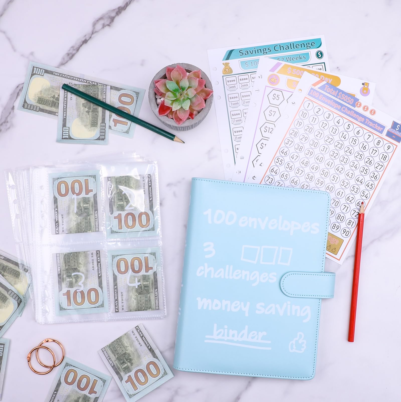 Photo 1 of 100-Day Savings Challenge Binder with 100 Pre-numbered Pockets & 3 Challenges Trackers to Save $5050, $10000, $500