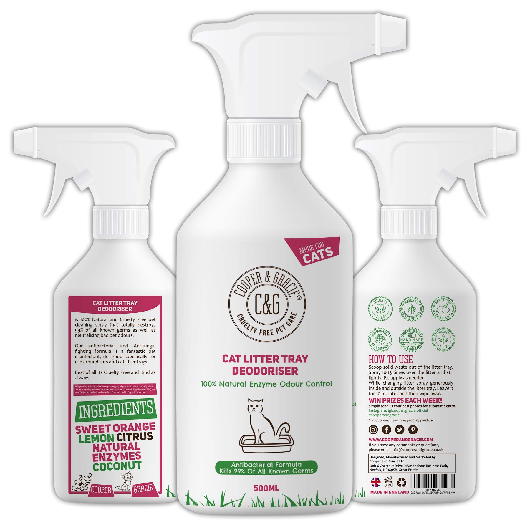 C&G Pets Cat Litter Tray Deodoriser 500ml | Cruelty Free Fast Acting Formula | Neutralizes Bad Odour | Antibacterial And Antifungal | Natural Enzymes | Bonds With Cat Urine