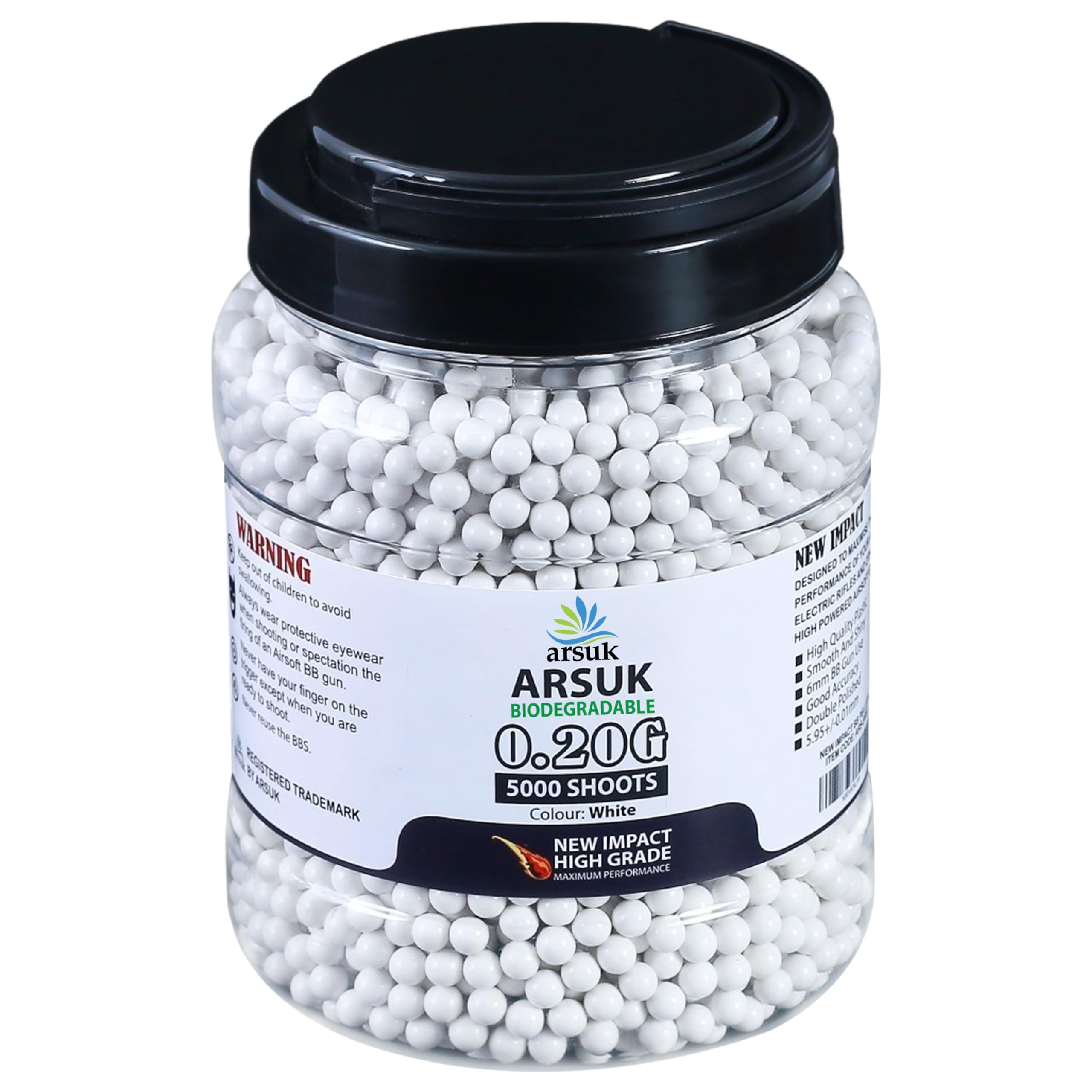 ARSUK Biodegradable 6mm Airsoft BBs 0.20g – White Seamless Polished BB Pellets for Training & Target Practice – Standard 6mm Size