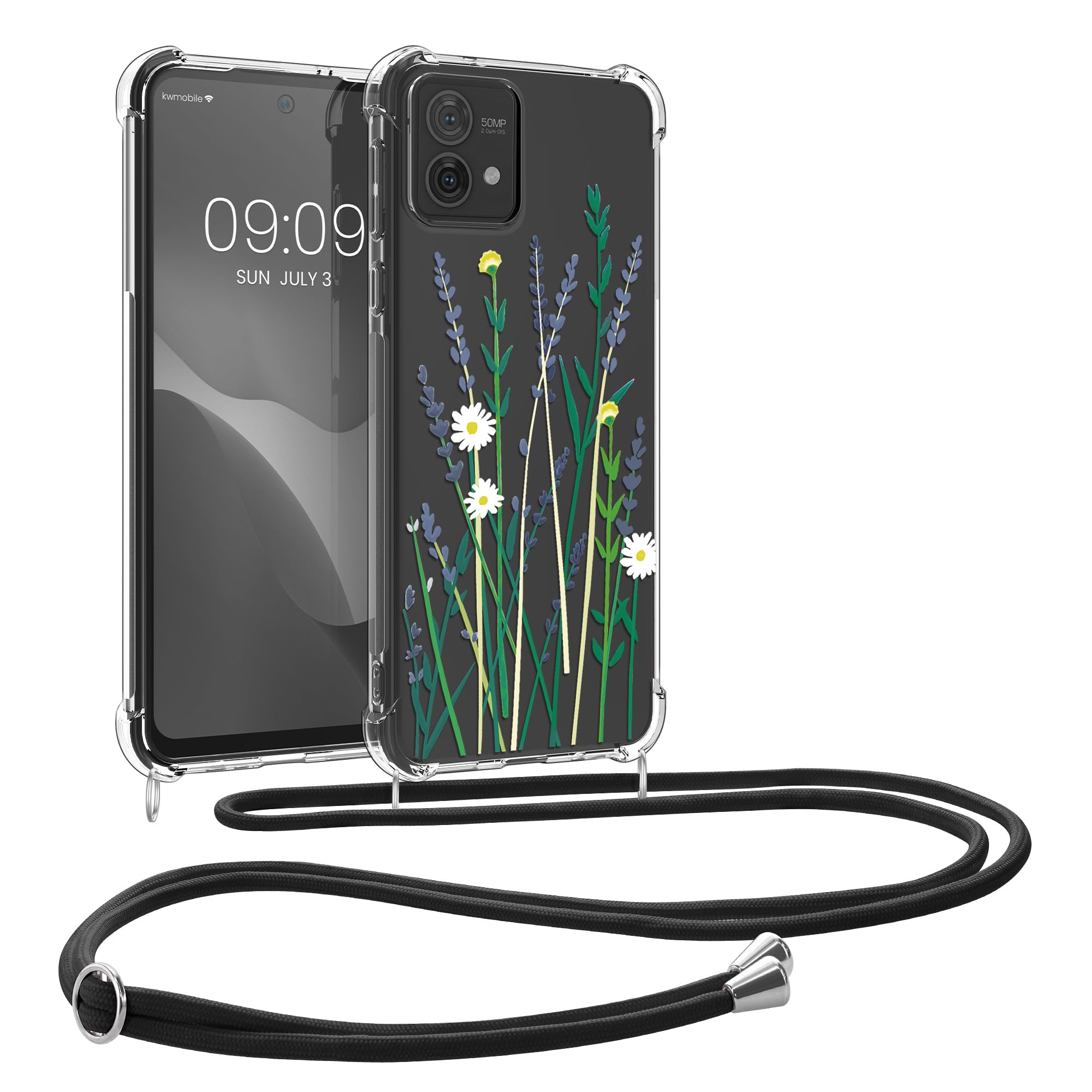 kwmobile Crossbody Case Compatible with Motorola Moto G84 5G Case Strap - Wild Flowers Lavender/Green/Transparent