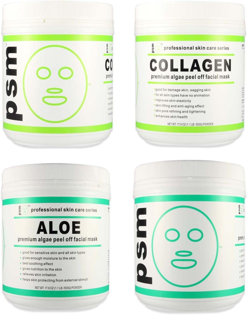(Set of 4) 2 COLLAGEN, 2 ALOE psm Premium Algae Peel Off Facial Mask Powder 17.6 OZ (1.1LB / 500g EA)