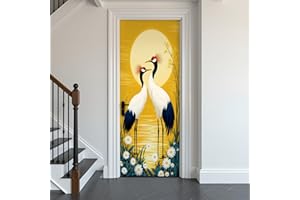 Door Stickers Peel and Stick Door Mural Elegant Crane Birds Golden Sun White Plumage Yellow Floral Removable Wallpaper 30.3''