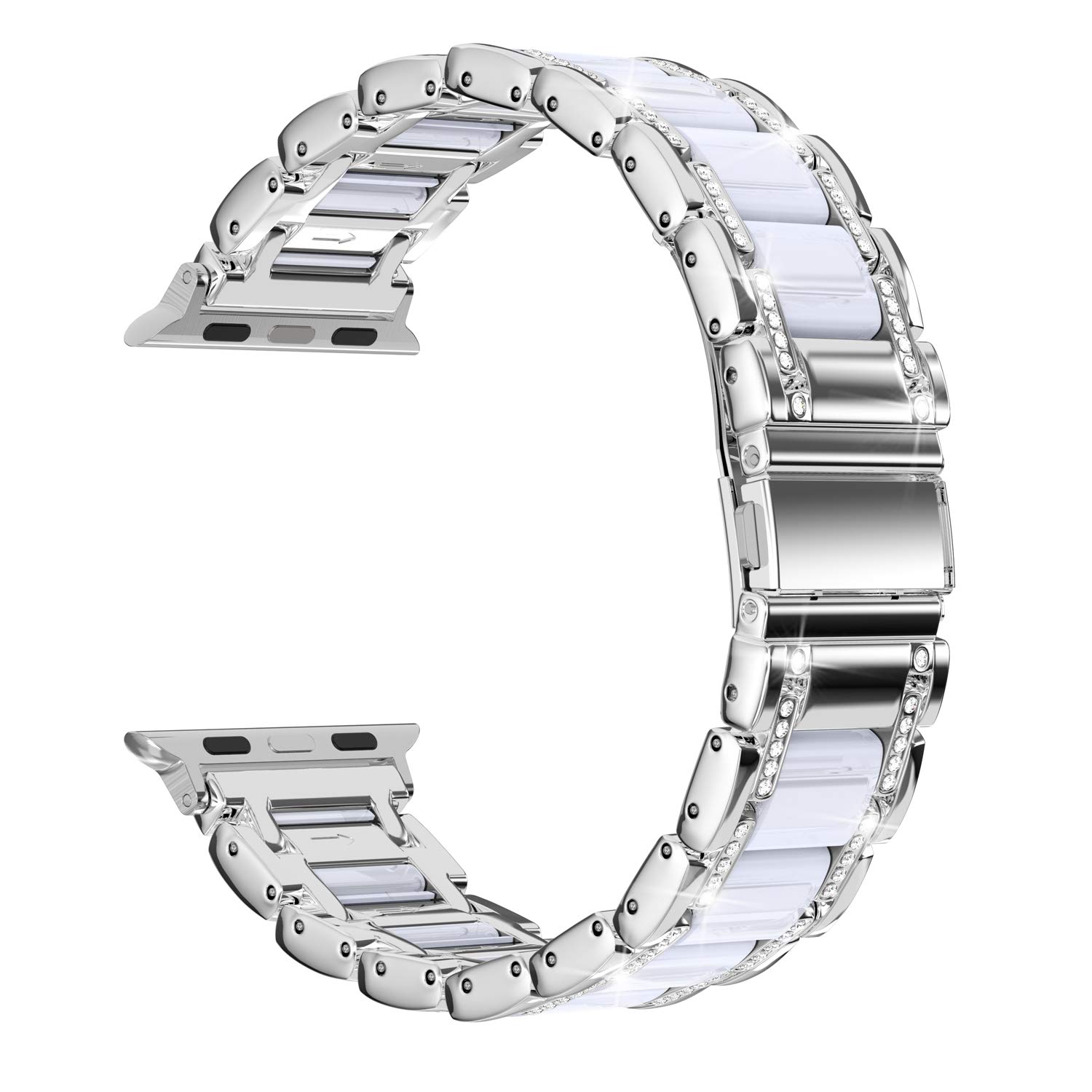 Moolia Metal Band Compatible with Apple Watch Band 38/40/41/42mm Women Rhinestones Resin Wristband Bling Diamond Bracelet for iWatch Series 11 10 9 8 7 6 5 4 3 2 1, Silver/White