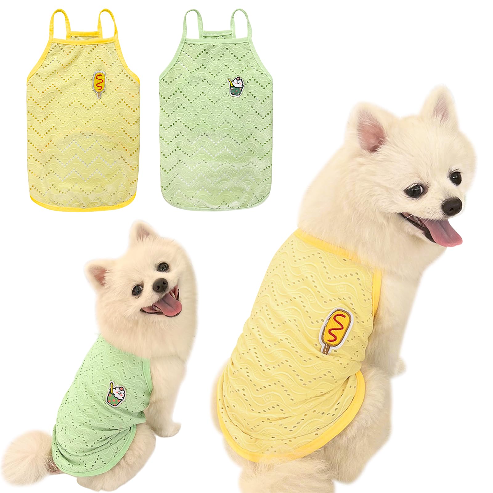 Yanmucy 2 Pieces Dog Summer Clothes Cute Embroidery Dog Striped Tank Top Vest Breathable Puppy Sleeveless Shirt for Small Dogs Cats (Yellow+Green, XL)