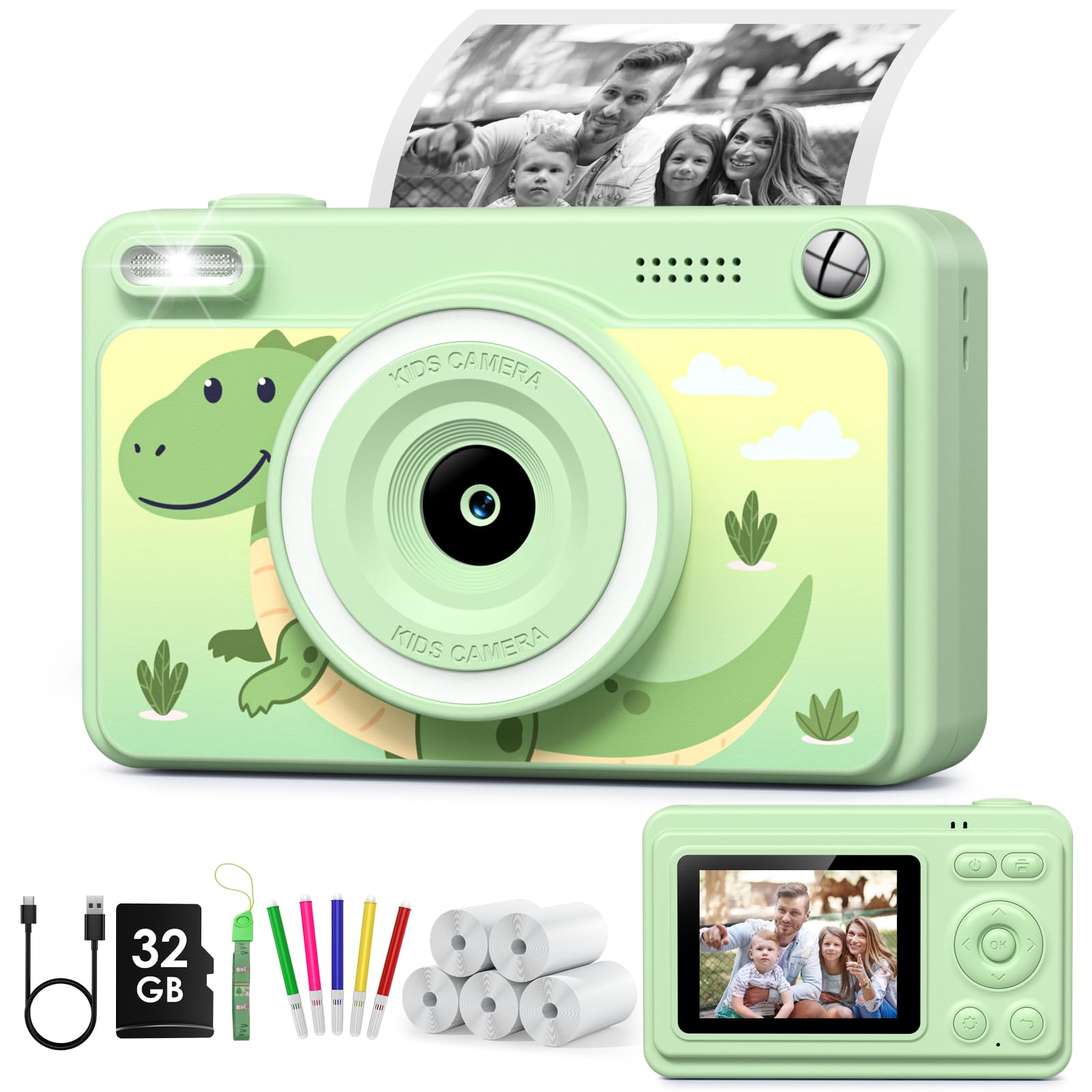 GREENKINDER Kids Camera Instant Print, 1080P Instant Camera for Kids with 5 Rolls Print Paper & 32GB Card, Kids Digital Cameras Christmas Birthday Toddler Boys Gifts for Girls Toys Age 3-12 — image 1