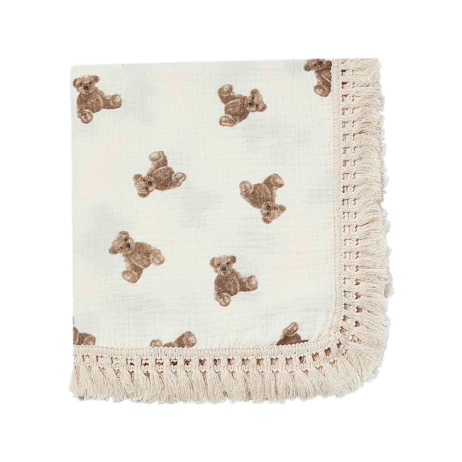 Photo 1 of insular Cotton Muslin Baby Blanket with Tassel, Boho Bohemian Muslin Swaddle Blanket Baby Receiving Blanket with Fringe, Nursery Decor Throw or Nursing Blankets, 47" x40”, Little Bear