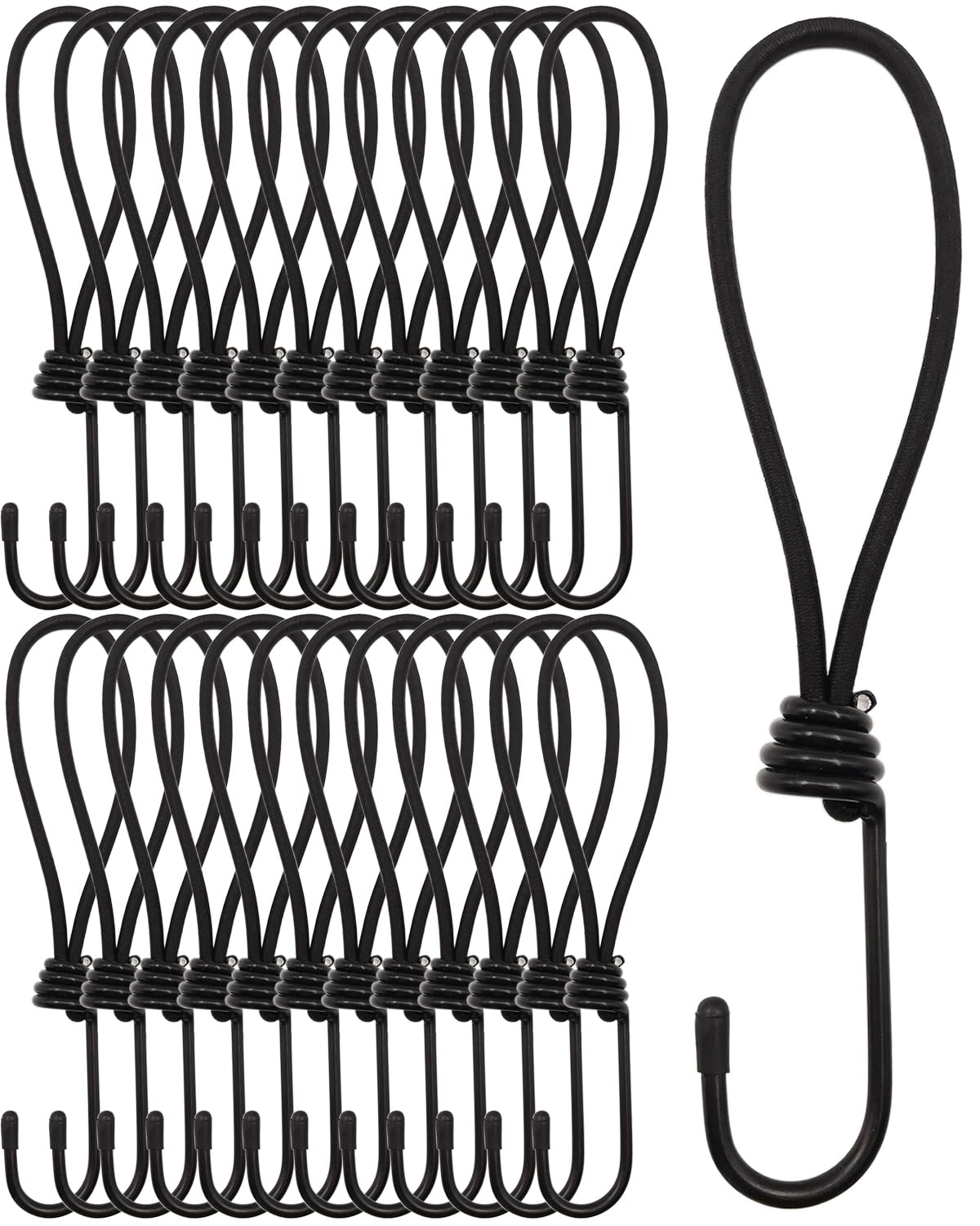 Bungee Cords with Hooks 25 Pcs - 8 Inch Elastic Bungee Ropes with Hooks - Short Tarpaulin Hooks - Small Bungee Rope (Black)