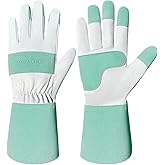 KKOYING Gardening Gloves, Long Thorn Proof Garden Gloves for Women and Men, Goatskin Breathable Leather Work Gloves for Gardening, Pruning, Yard Work, Turquoise, L