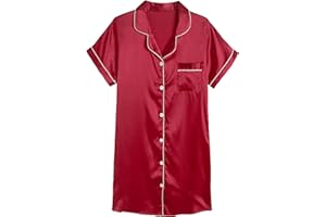 Hupohoi Girls Satin Pajamas Dress Button Down Silky Sleepwear Nightgown Short Sleeve Nightshirt Dresses