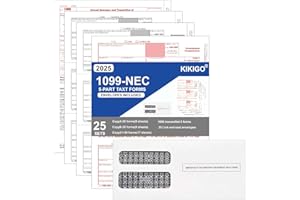 KIKIGO 1099 NEC Tax Forms 2025 with 25 Lick-and-Seal Envelopes, 5 Part Tax Forms Kit, Compatible with QuickBooks and Accounting Software