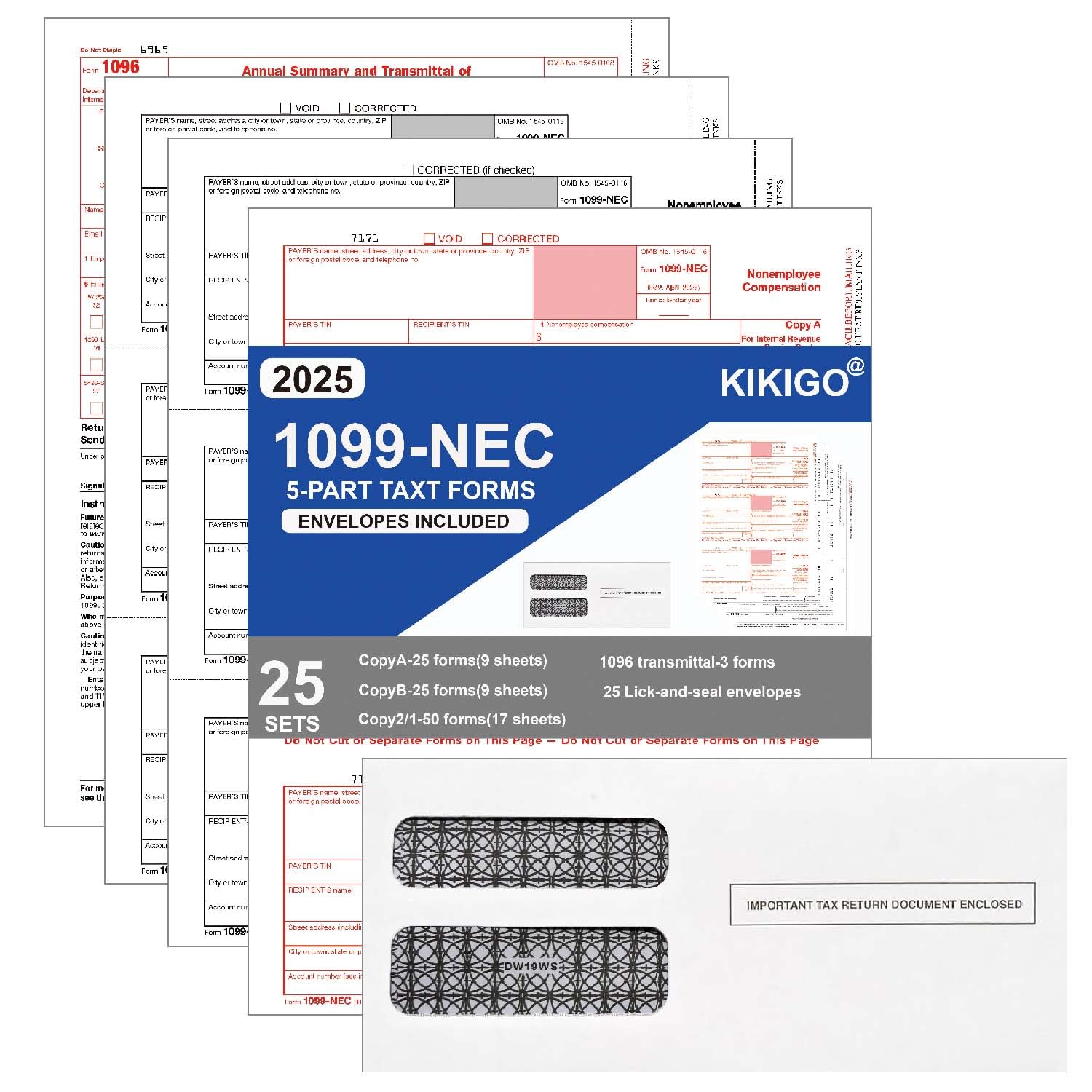 Photo 1 of 1099 NEC Tax Forms 2025 with 25 Lick-and-Seal Envelopes, 4 Part Tax Forms Kit, Compatible with QuickBooks and Accounting Software