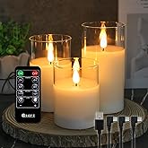 LEDHOLYT Rechargeable Flameless Glass Pillar Candles–Valentines Day Gifts for Women–Set of 3, Realistic Flickering LED Light,Remote & Timer, Ideal for Living Room, Bedroom & Valentines Day Décor