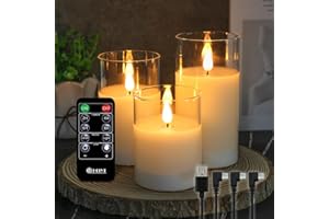 LEDHOLYT Rechargeable Flameless Glass Pillar Candles–Gifts for Women–Set of 3, Realistic Flickering LED Light,Remote & Timer, USB-Rechargeable, Ideal for Living Room, Bedroom & Holiday Décor