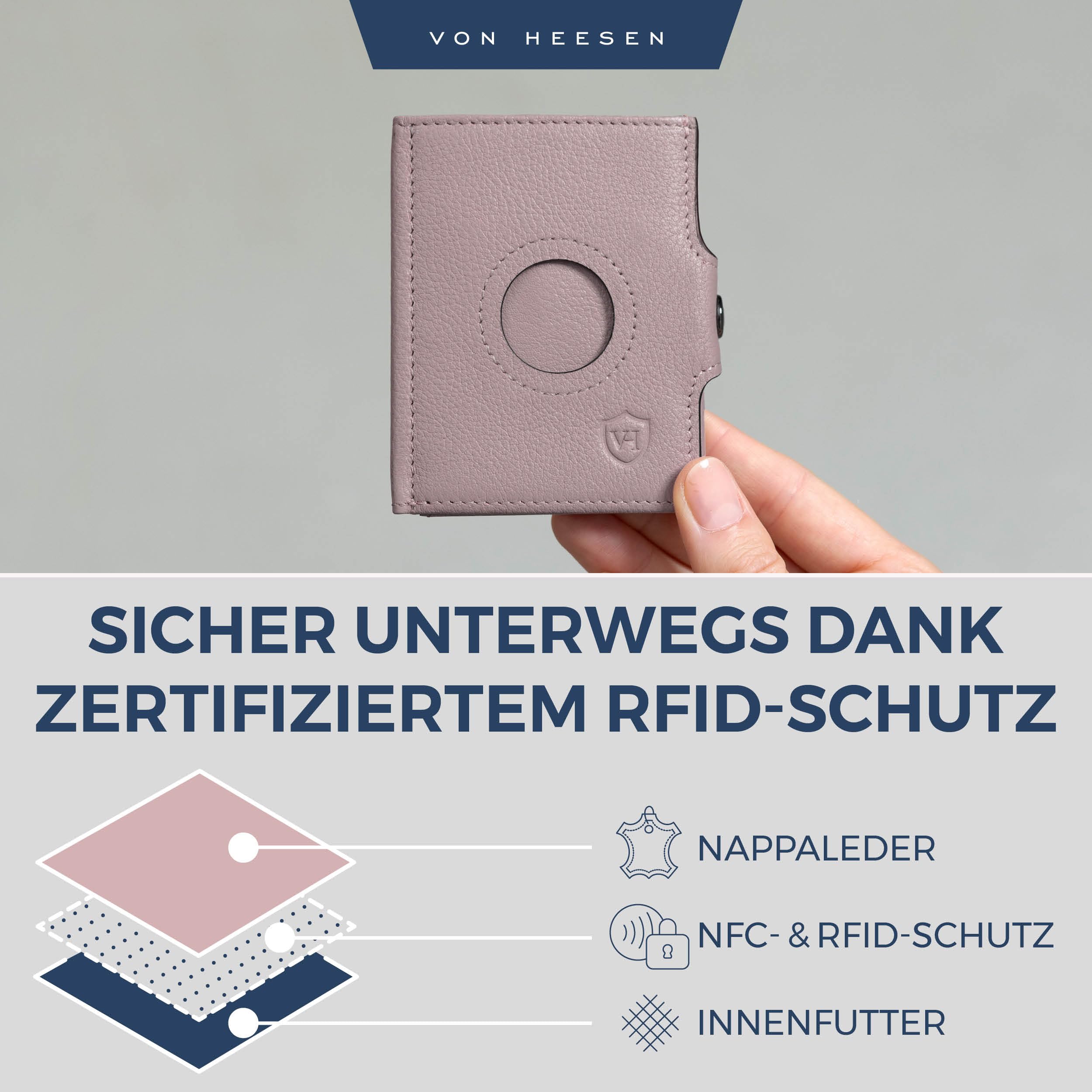 VON HEESEN Airtag Slim Wallet mit RFID-Schutz - Airtag Portmonee Herren klein aus echtem Leder - Mini Geldbörse - Kreditkartenetui Kartenetui - Portemonnaie Geldbeutel (Lavendel) 5