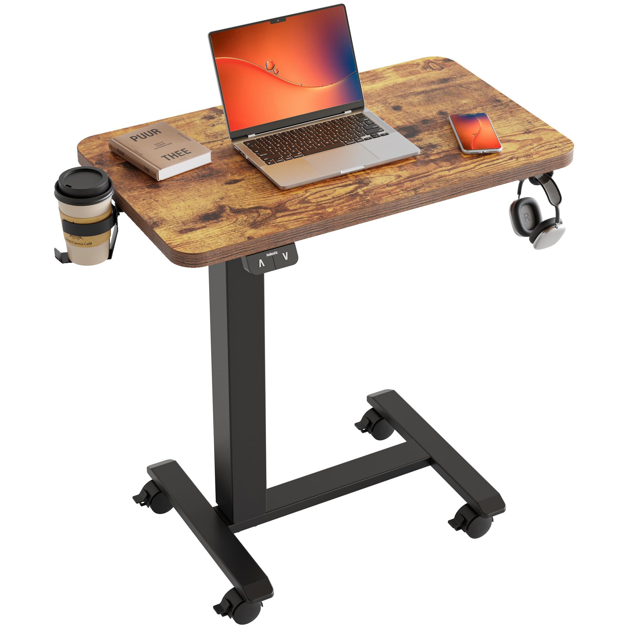 Agilestic Portable Standing Desk Height Adjustable, Mobile Table with Wheels, Small Size Sit Stand Table for Laptops, Rolling Desk for Home, 26" x 15.7"Computer Workstation, Rustic Brown Image
