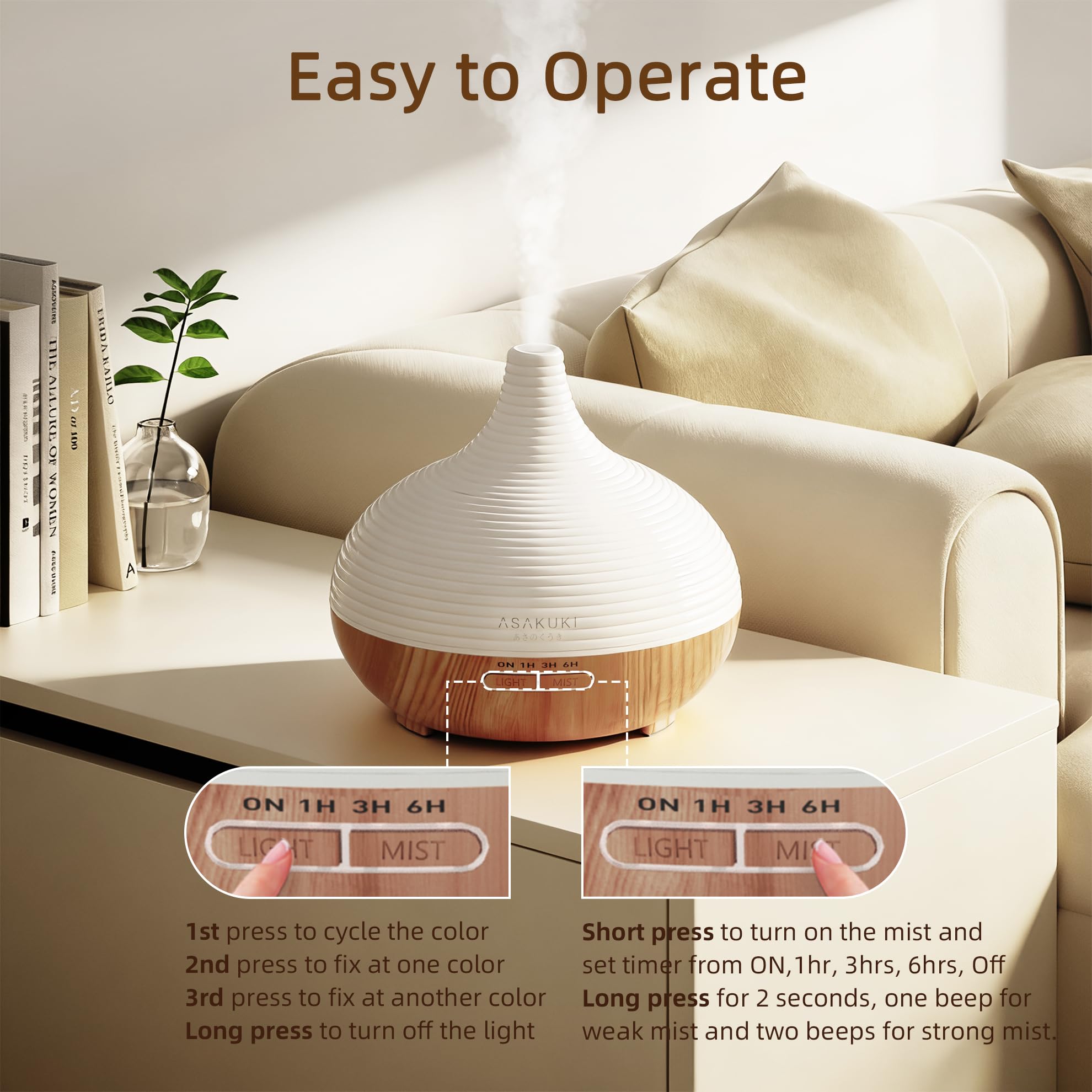 ASAKUKI 300ml Essential Oil Diffuser, Wood Grain Ultrasonic Aromatherapy Diffuser, Quiet Diffuser with 4 Timers, Auto Shut-Off & Colour-Changing LED for Home, Office, Yoga | Relaxation & Better Sleep
