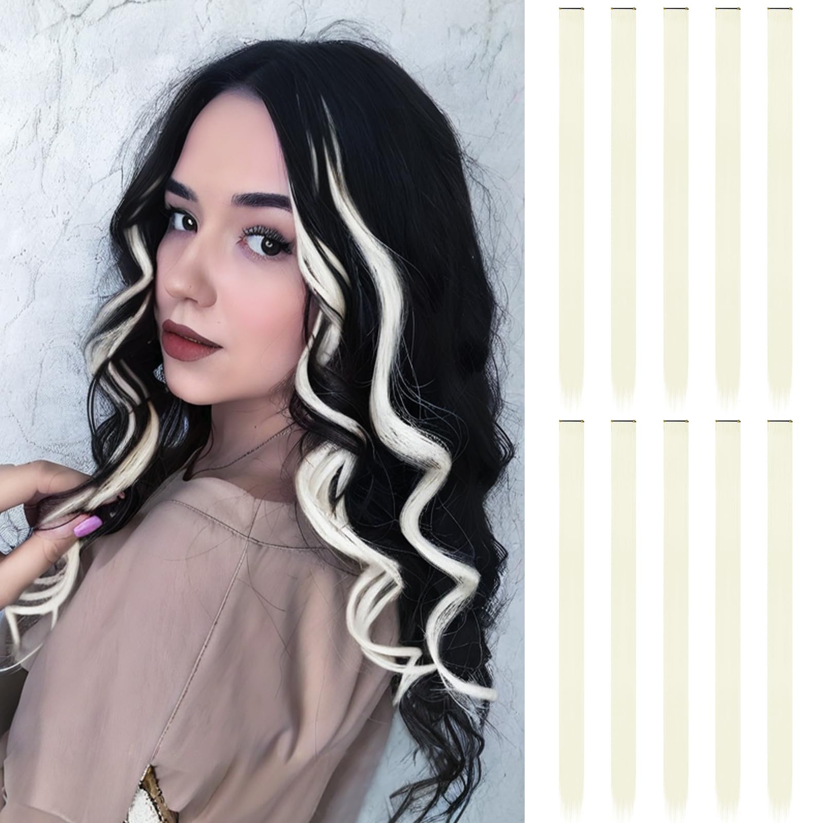 FESHFEN Coloured Clip in Hair Extension Blonde Hairpieces for Women Party Highlight Colourful Straight Long Hair Extensions Clip in Hair Piece, 22 inch
