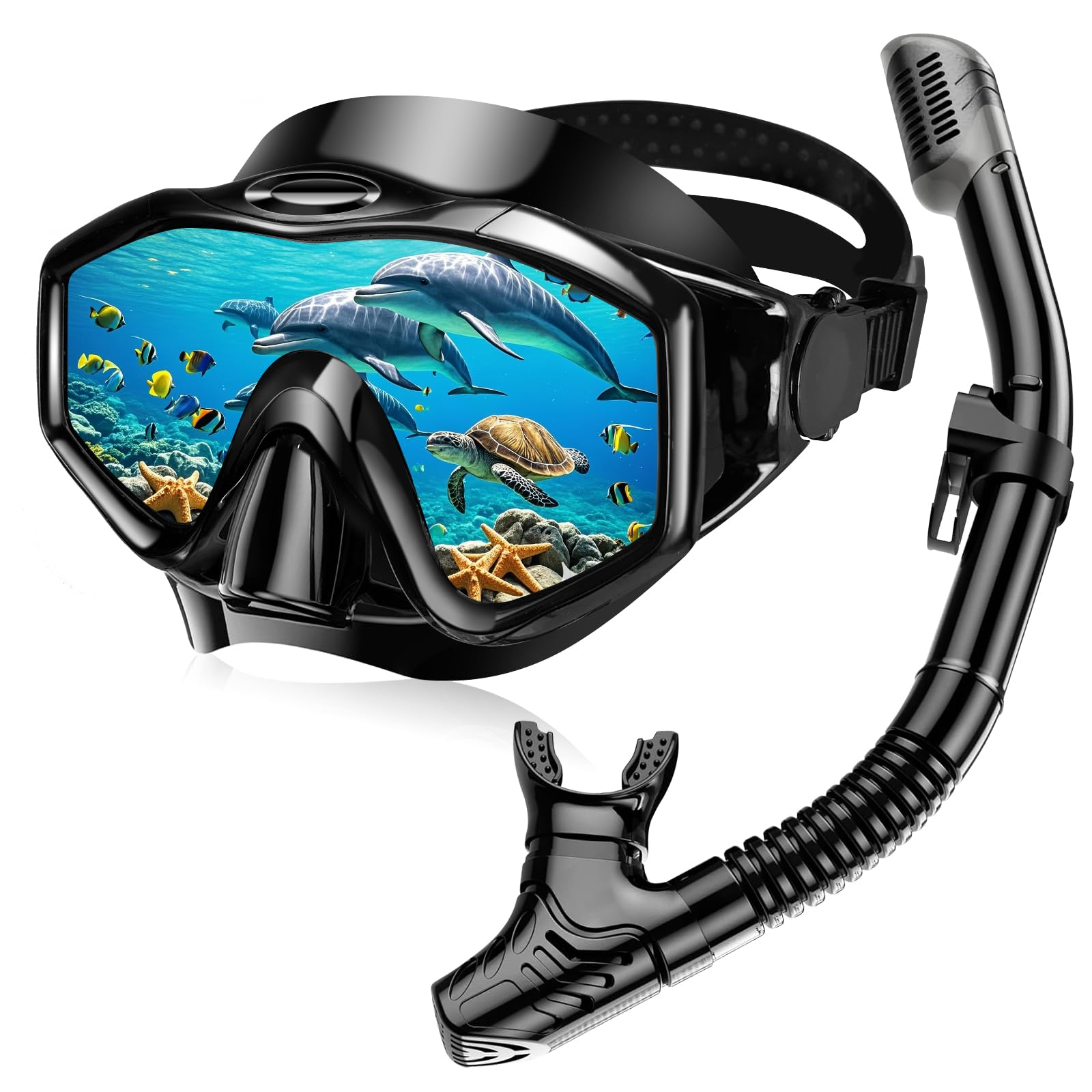 Photo 1 of Snorkel Set Adults, Anti-Fog Panoramic Scuba Snorkelling Packages with Dry-Top Snorkel & Swimming Goggles for Diving, Swimming & Snorkeling (Black)
