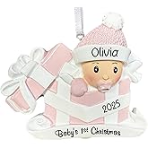 UniqXmas Personalized My Baby's First Christmas Ornament 2025 | Custom Baby Girl in Pink Present Xmas Tree Decoration – New Baby Newborn Daughter Grandbaby 1st Year Xmas Keepsake