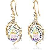Austrian Crystal Hollow Teardrop Halo Drop Twisted Dangle Earrings for Women 14K Rose Gold Plated Hypoallergenic Jewelry