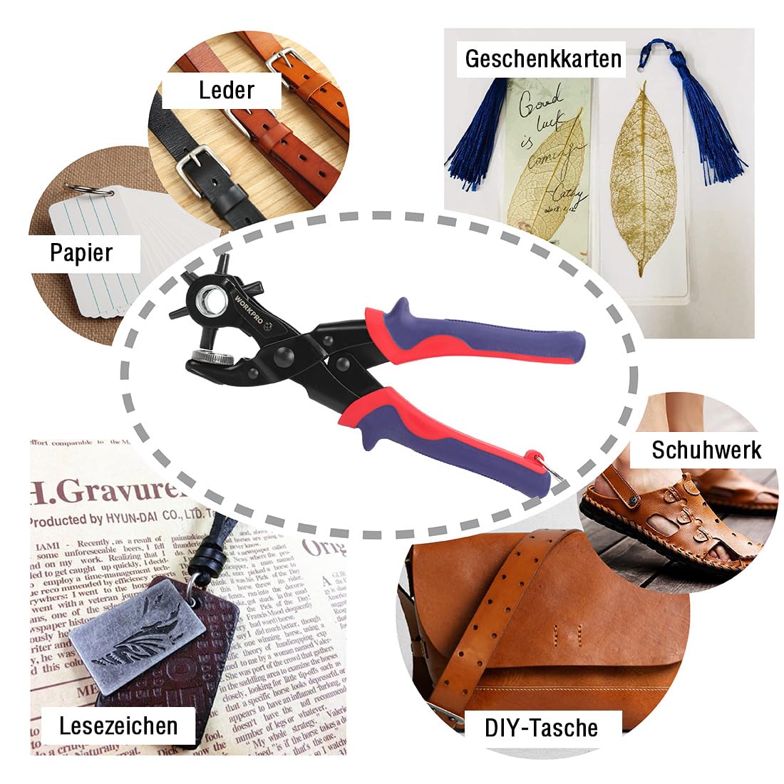 WORKPRO Revolverlochzange Lochzange Gürtel Leder Gürtel Puncher 255 MM Locher Rund 3,5-4-4,5 MM Rechteckige 6,6-7,5 MM OVAL Lochpfeifen 6,1 MM 5