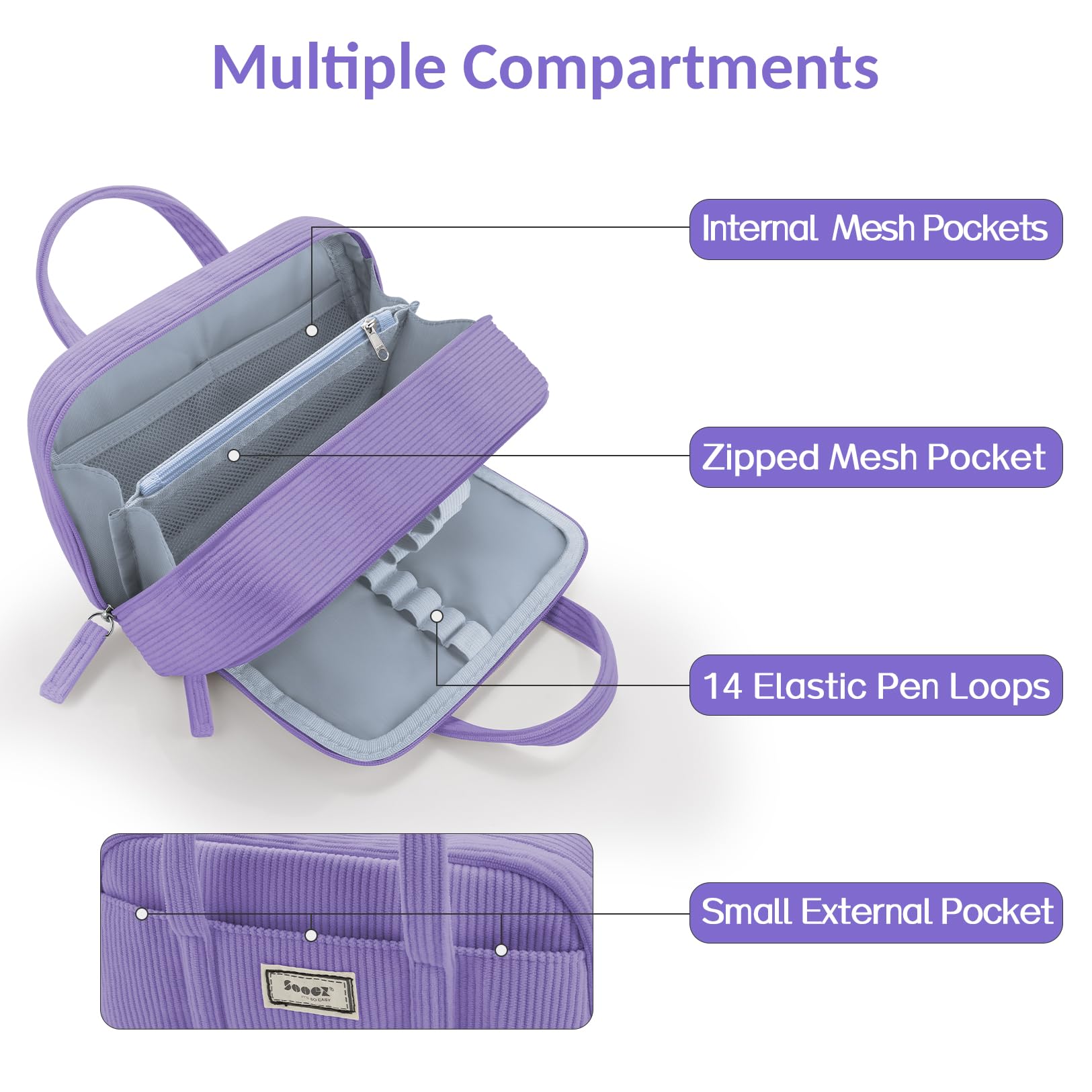 Sooez Large Pencil Case Pouch, Extra Big Pencil Bag with 5 Compartments, Pen Bag Wide Opening, Soft Corduroy Pencil Pouch Organizer with Zipper, Cute Aesthetic School Supplies for Teen Girls-Purple