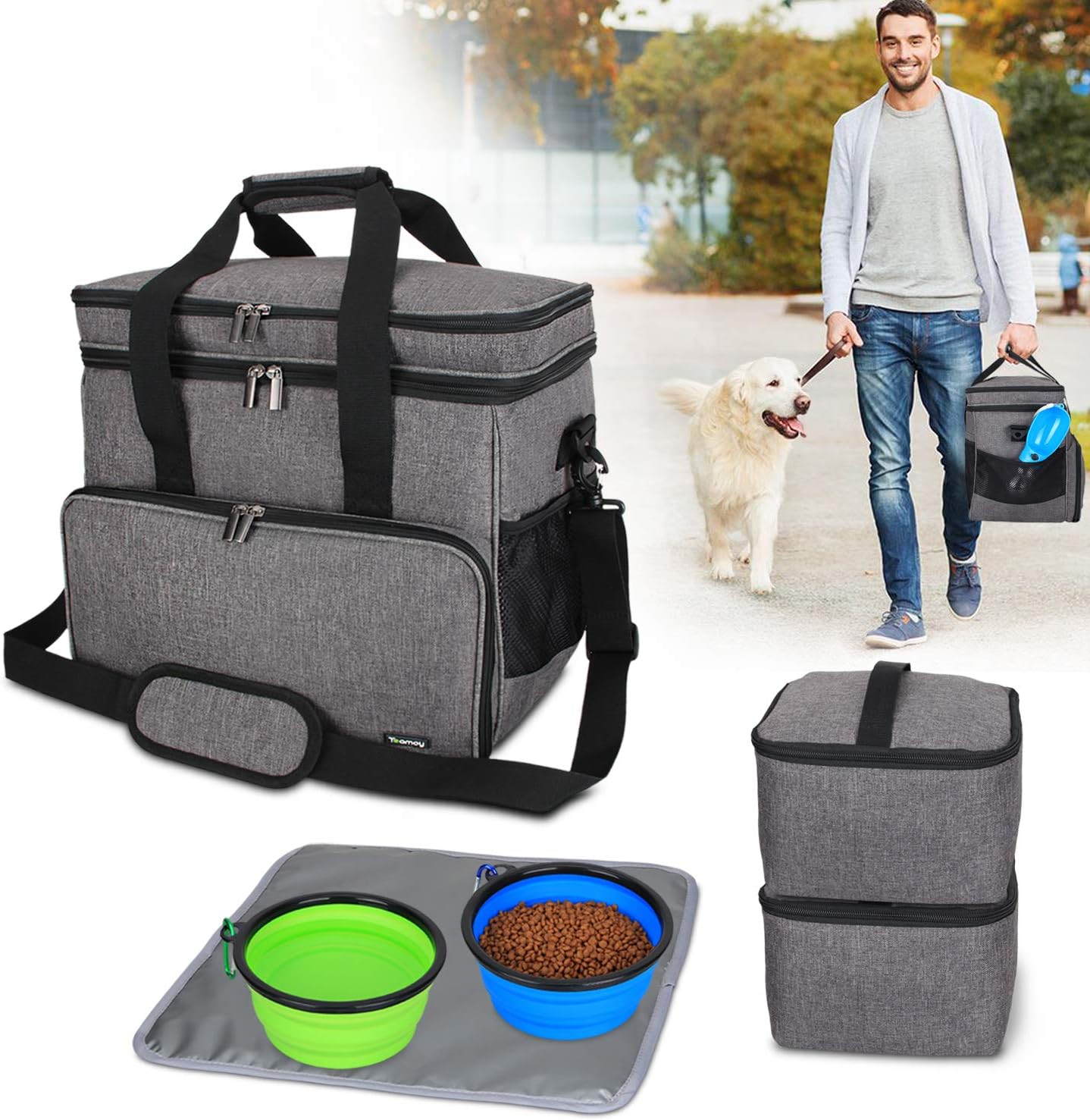 Teamoy Double Layer Dog Travel Bag with 2 Silicone Collapsible Bowls, 2 Food Carriers, 1 Water-Resistant Placemat, Pet Supplies Weekend Tote Organizer