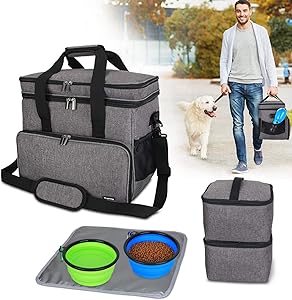 Teamoy Double Layer Dog Travel Bag with 2 Silicone Collapsible Bowls, 2 Food Carriers, 1 Water-Resistant Placemat, Pet Supplies Weekend Tote Organizer