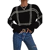 FOTKLAX Women's Pullover Knit Sweater Plaid Crew Neck Long Sleeve Knitted Cute Trendy Cozy Sweaters for Fall and Winter