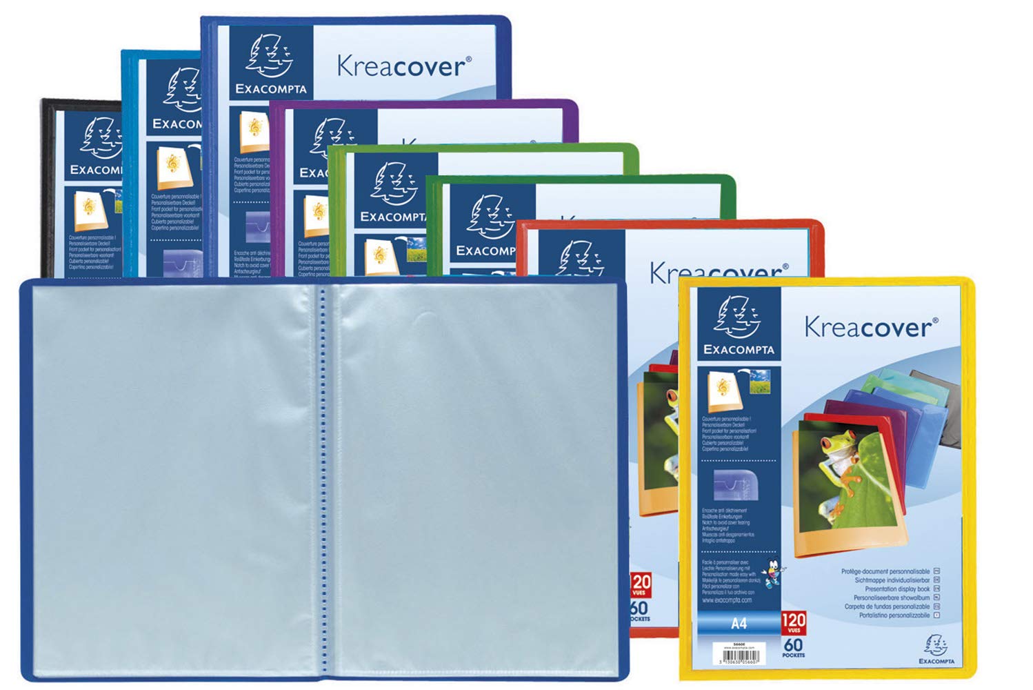 Exacompta - Ref 5660E - Kreacover Collection - Semi-Rigid Opaque PP Display Book - 240 x 320mm in Size, Suitable for A4 Documents, 60 Pockets - Assorted Colours (Pack of 8)