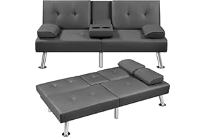 Yaheetech Convertible Sofa Bed Adjustable Couch Sleeper Modern Faux Leather Home Recliner Reversible Loveseat Folding Daybed Guest Bed, Removable Armrests, Cup Holders, 3 Angles, 772lb Capacity, Gray