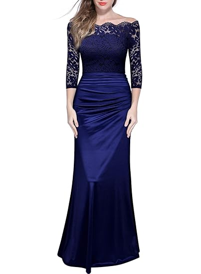 Miusol Damen Cocktail Spitzen Lang Kleid Elegant Brautjungfer Abendkleid