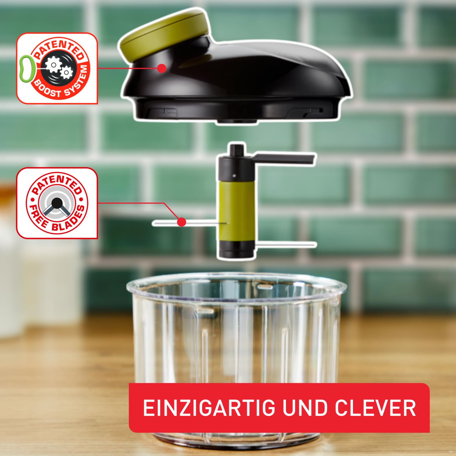 Tefal K13204 Ingenio 5-Sekunden-Zerkleinerer ohne Strom, Fassungsvermögen: 900ml, Multizerkleinerer, Universalzerkleinerer für Gemüse, Obst, Nüsse, Knoblauch, Babynahrung, Schwarz/Grün/Transparent 3
