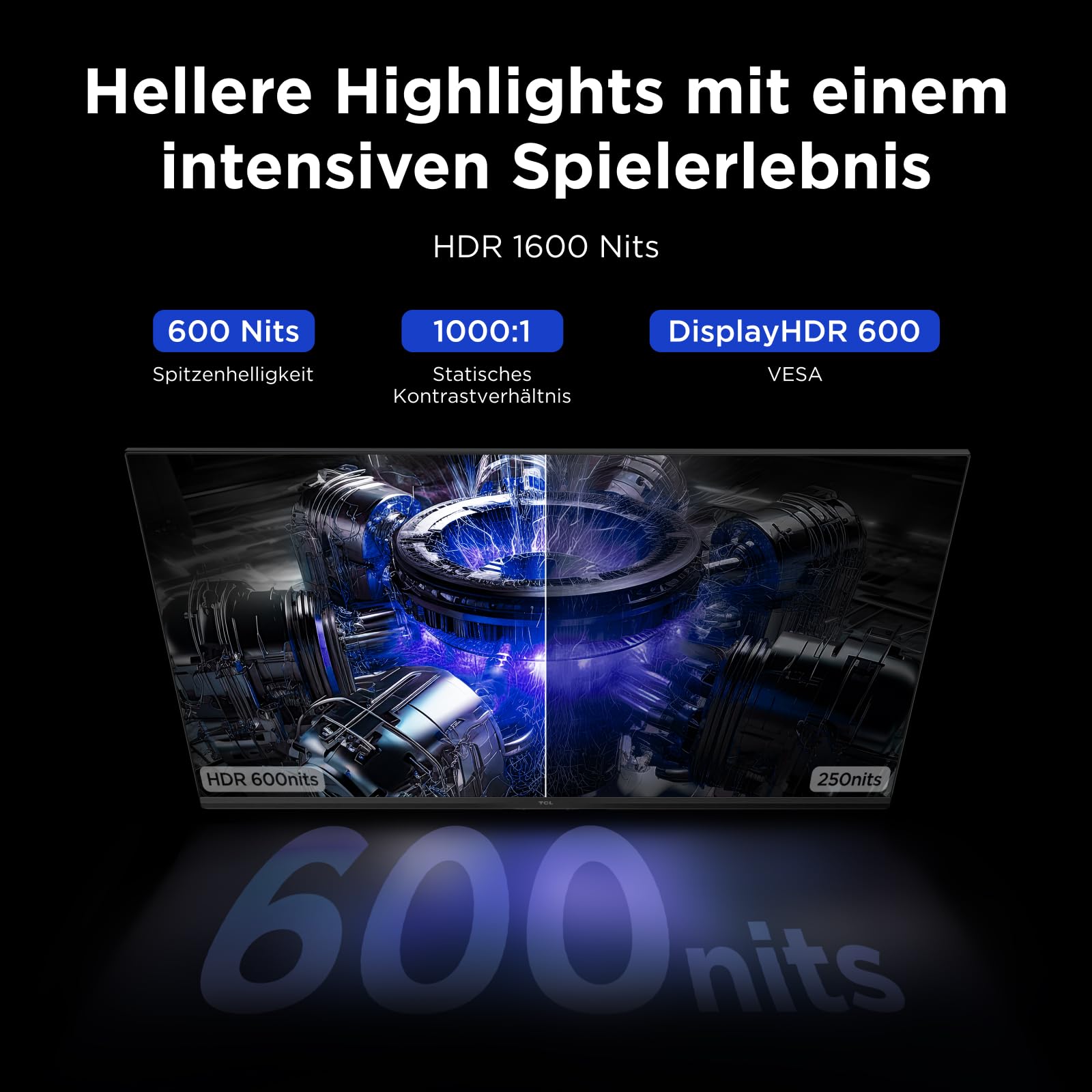TCL Gaming Monitor 27 Zoll QD-Mini-LED 27G64, QHD-Auflösung, 180Hz, Fast-HVA-Panel, HDR 600 nits, 1ms GTG Reaktionszeit, AMD Freesync, Kompatibilität mit G-Sync 8