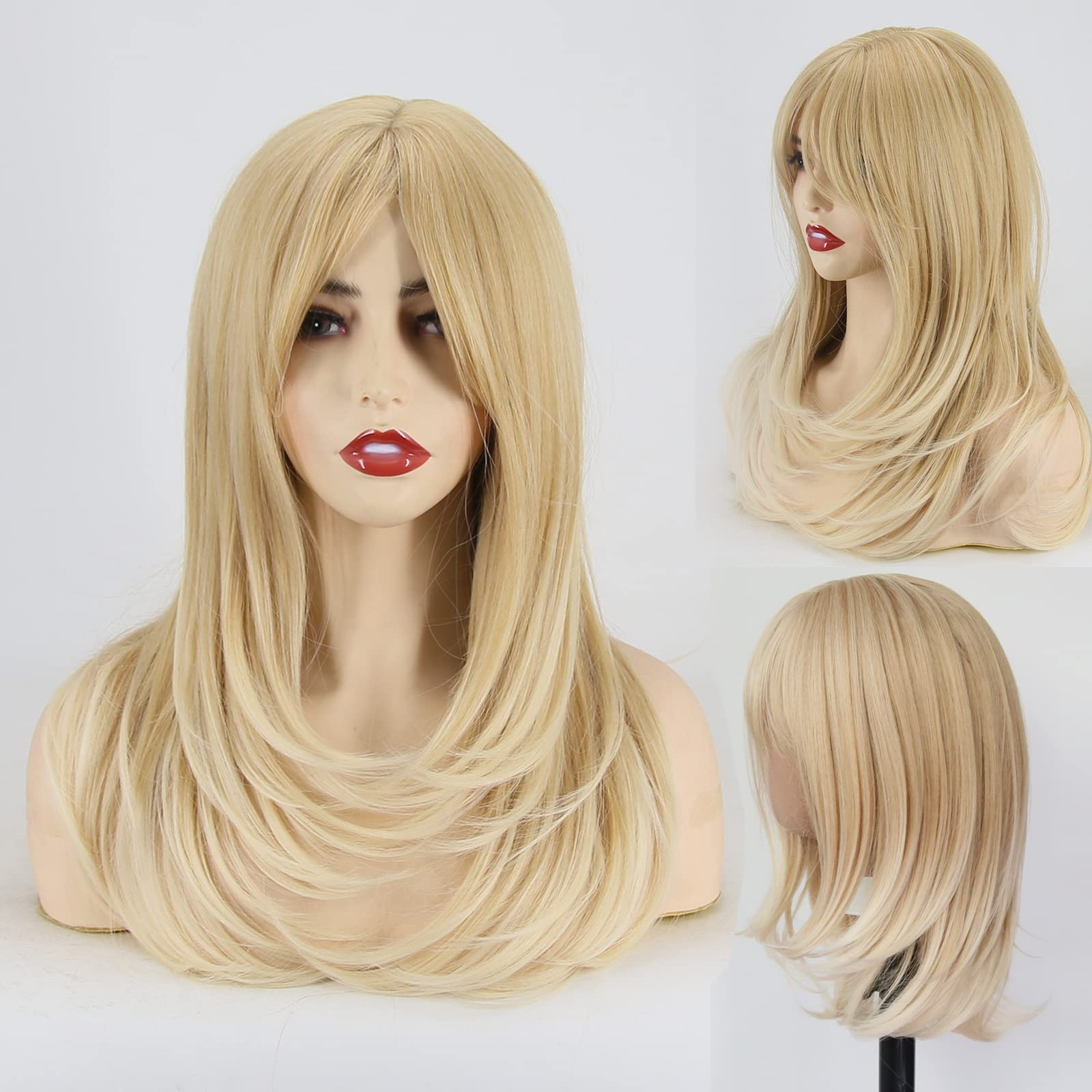 Towarm Long Curly Honey Blonde Ombre Blonde Wigs with Bangs for Women Shoulder Length with Layer Heat Resistant Short Bob Wavy Synthetic Wigs with Fringe (T27/88)