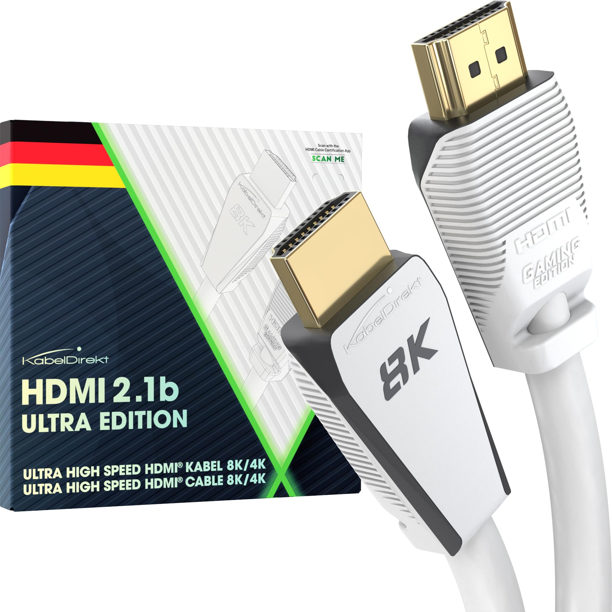 8K HDMI Cable, HDMI 2.1 b, certified Ultra Edition for maximum performance – 1m (48G, Ultra High Speed HDMI 2.1, 10K, 8K@60Hz & 4K@144Hz, Gaming PC/PS5/Xbox, HDMI certificate, white) – CableDirect