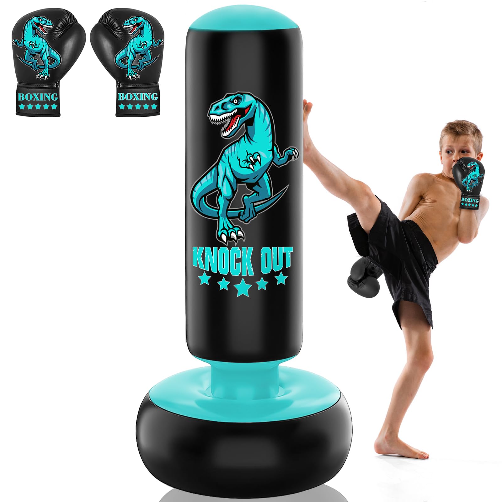 JUOIFIP Kids Boxing Bag - 160 cm Freestanding Punching Bag Set with Boxing Gloves - Ferocious Dinosaur Sports inflatable kickboxing bag for Training Karate Taekwondo MMA