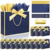 Ethhqu 12 Pack Gift Bags with Handles Include Tissue Papers & Cards, Medium Size 12.6×10×4'' Thank You Gift Bags Medium Size for Birthday, Business Gatherings, Wedding, Groomsmen (Navy Blue and Gold)