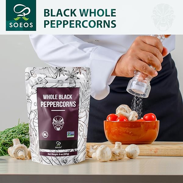 SOEOS BLACK PEPPERCORNS, 8OZ (PACK OF 1), NON-GMO, KOSHER, PACKED TO KEEP PEPPERS FRESH, PEPPERCORN FOR GRINDER REFILL, WHOLE PEPPERCORNS