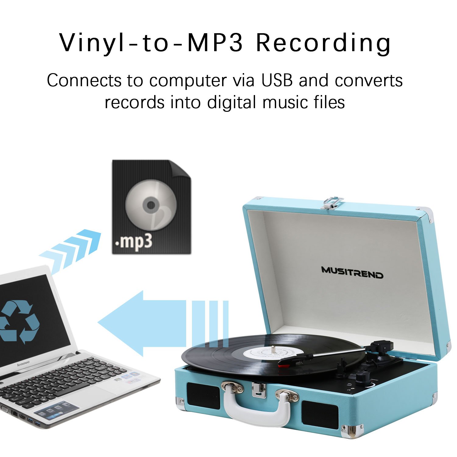 Musitrend Record Player Vinyl Turntable with Speakers, 3 Speed Suitcase Record Player Support Vinyl-to-MP3 Recording, Headphone Jack, Aux Input/RCA line Out (Blue)
