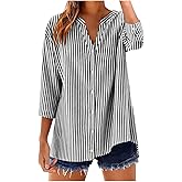 SMIDOW Linen Tops For Women - Striped 3/4 Sleeve v Neck Button Down Shirts Casual Loose Spring Summer Blouses Trendy 2026