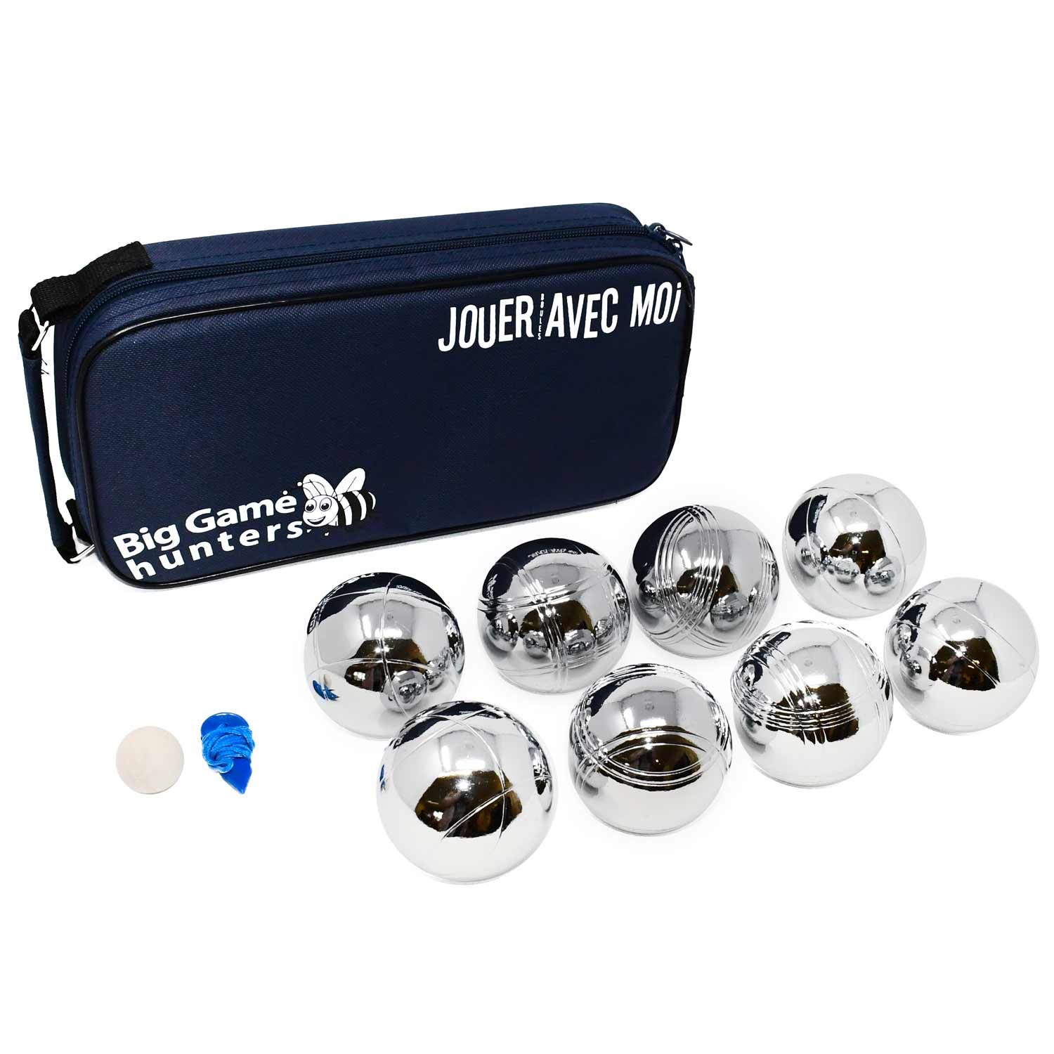 Big Game Hunters 8 Boules Set with Rust-Free Protection and Luxury Canvas Carry Bag – Durable 8 Petanque Set Polished and Engraved Official Size Bowls