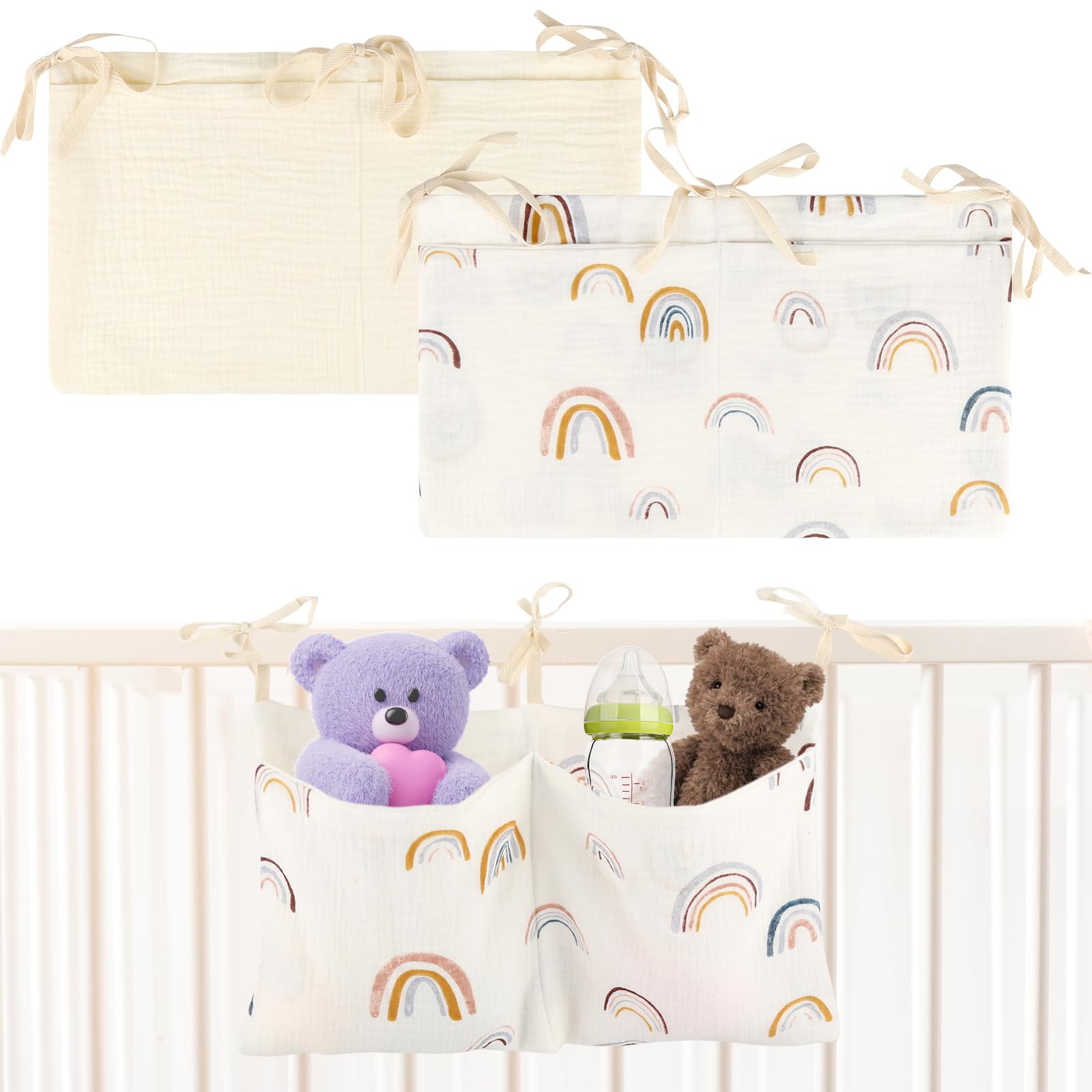 Pack of 2 Baby Bed Organiser Hanging 2-in-1 Baby Nursery Organiser Baby Bed Storage Bag Nappies Baby Bed Bag Adjustable Nursery Hanging Bed Organiser for Hanging