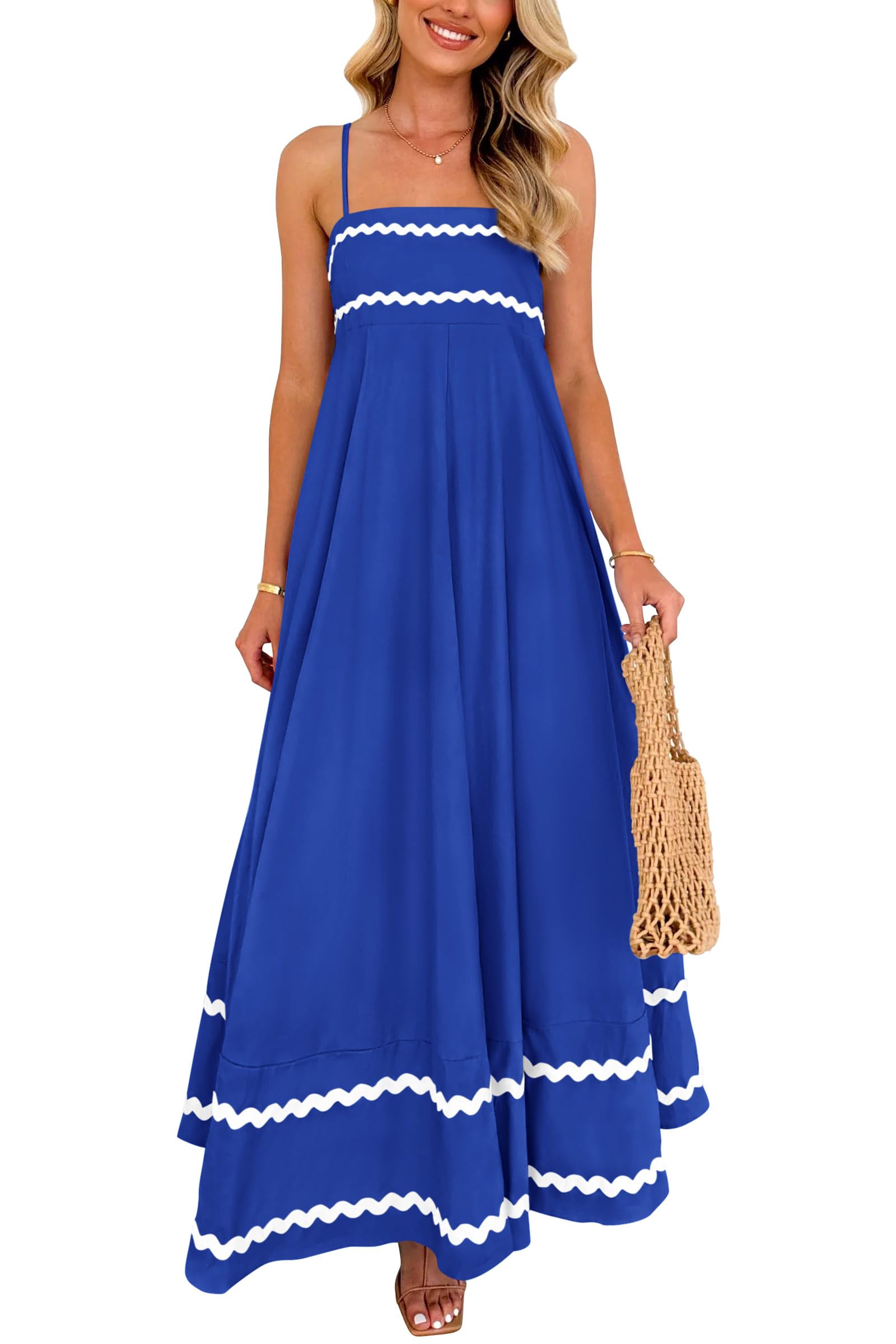 Photo 1 of PRETTYGARDEN Women's 2025 Summer Flowy Maxi Dress Casual Sleeveless Spaghetti Strap Ruffle Beach Long Dresses (Royal Blue,X-Large)